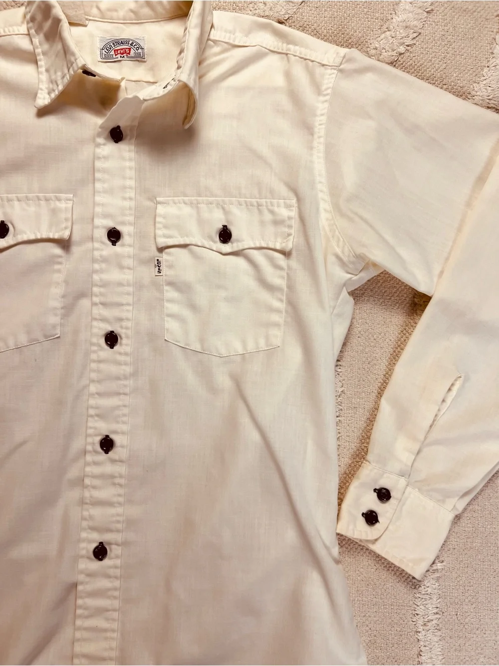 Vintage 70s Levi’s Saddleman Western Work Shirt – White Tab - Ivory Chambray – M